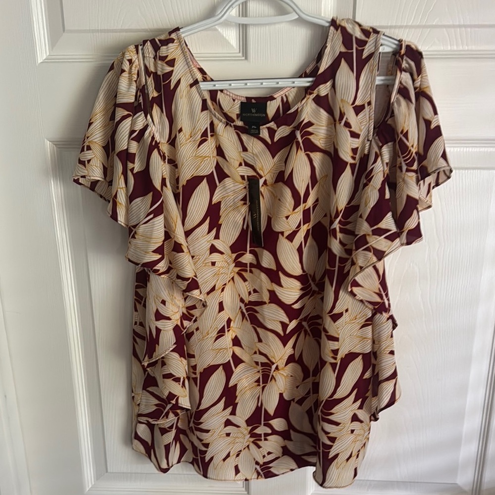 Worthington Red Flutter Sleeve Blouse Ruffled Relaxed